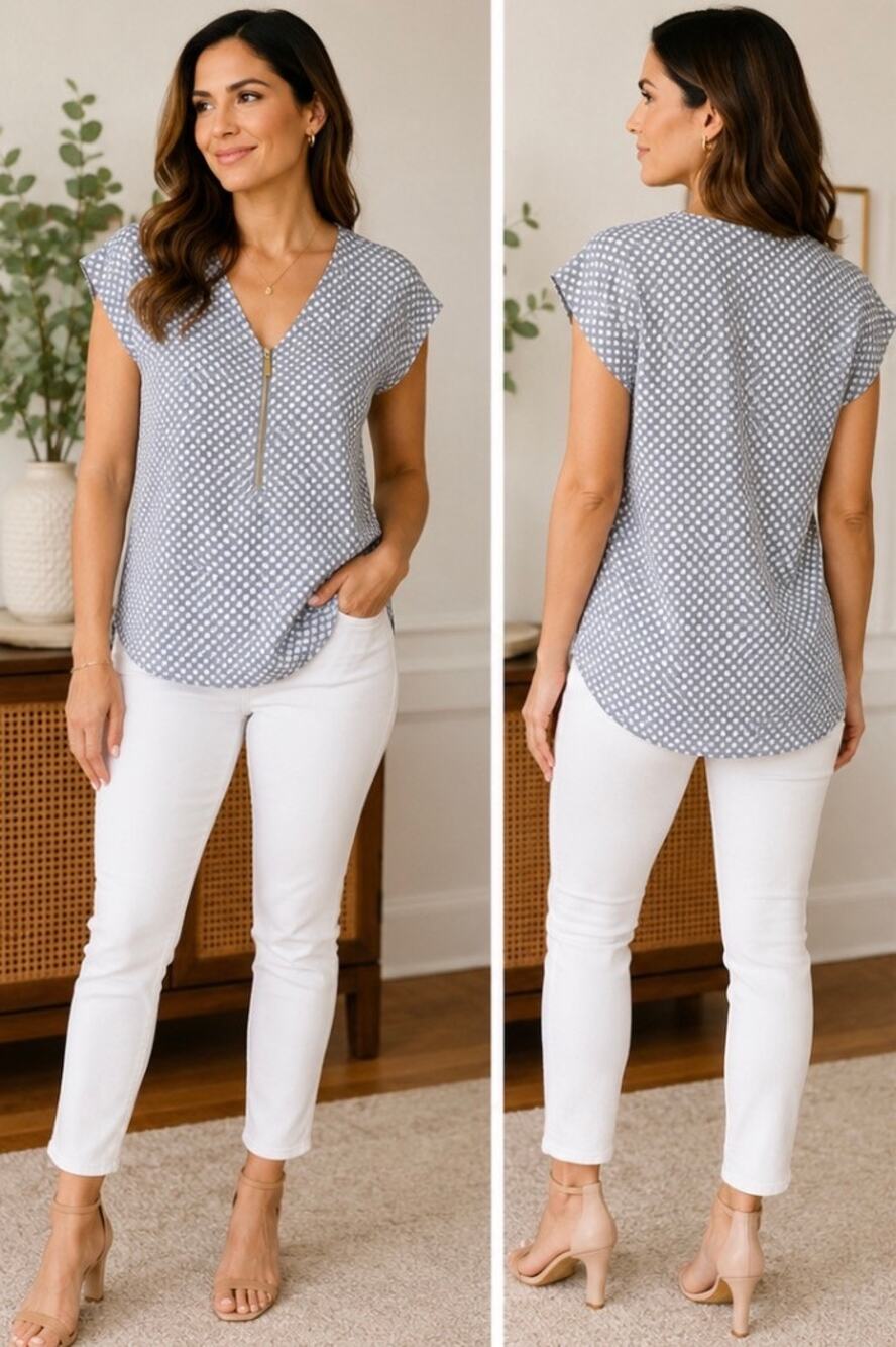 NWT Premise Gray White Polka Dot Zip Blouse Size Small
